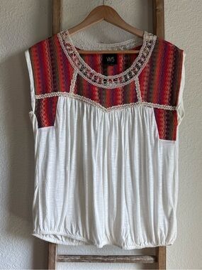 W5 for Anthropologie Boho Bubble Hem Embroidered Aztec Crochet Top Sz: Med